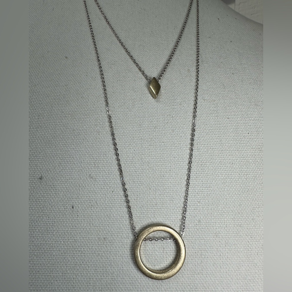 Double chain floating brass circle and diamond shape necklace